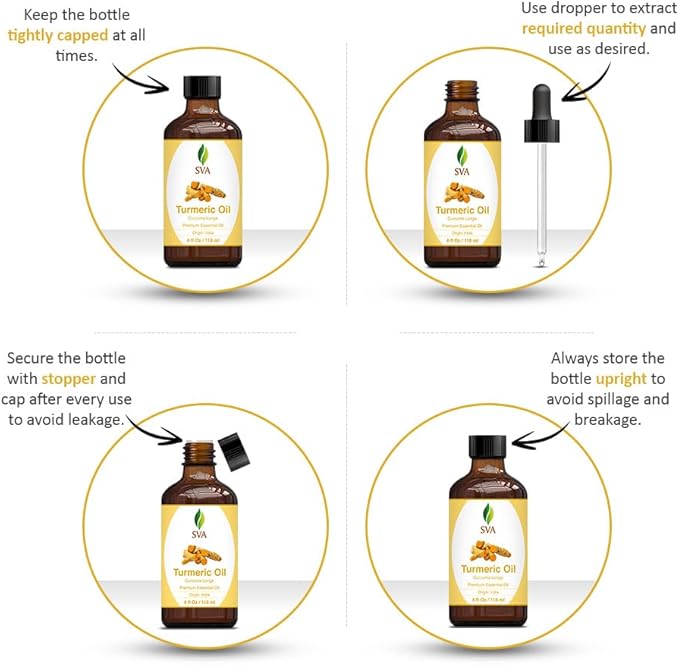 SVA Turmeric Essential Oil – 4 Fl Oz – 100% Natural Turmeric Oil - for Diffuser, Hair Care, Face, Skin Care, Aromatherapy, Scalp and Body Massage, Soap and Candle Making – with Dropper
