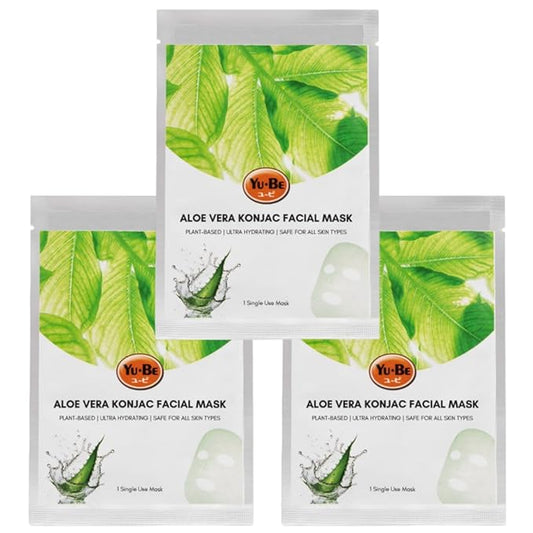 Yu-Be Facial Mask: Revitalizing Aloe Vera | Plant-Based Konjac Sheet Mask Soothes, Plumps, & Hydrates Face | Reduces Appearance of Scars, Dark Spots, & Wrinkles | Boosts Skin Elasticity - 3 sheets