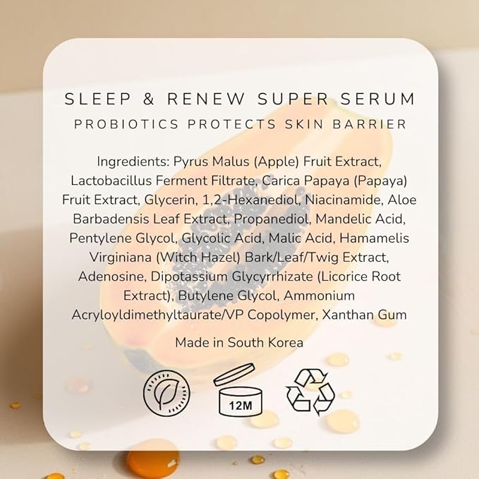 Emani Sleep and Renew Face Serum With Anti Aging and Wrinkle Reducing Properties, Hydrating Serum Contains Fermented Probiotics for Dull and Aging Skin for Women, 1.18 fl oz