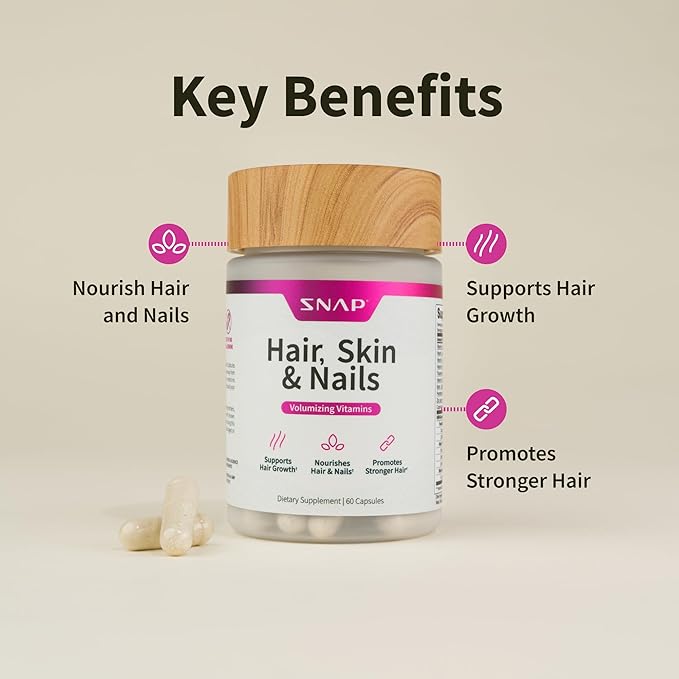 Snap Supplements Hair, Skin and Nails Vitamins, Support Hair Growth, Nourish Skin and Nails with Biotin, Collagen, Kelp, Bamboo and Other Vitamins, Radiant Skin, Strong Hair and Nails, 60 Capsules