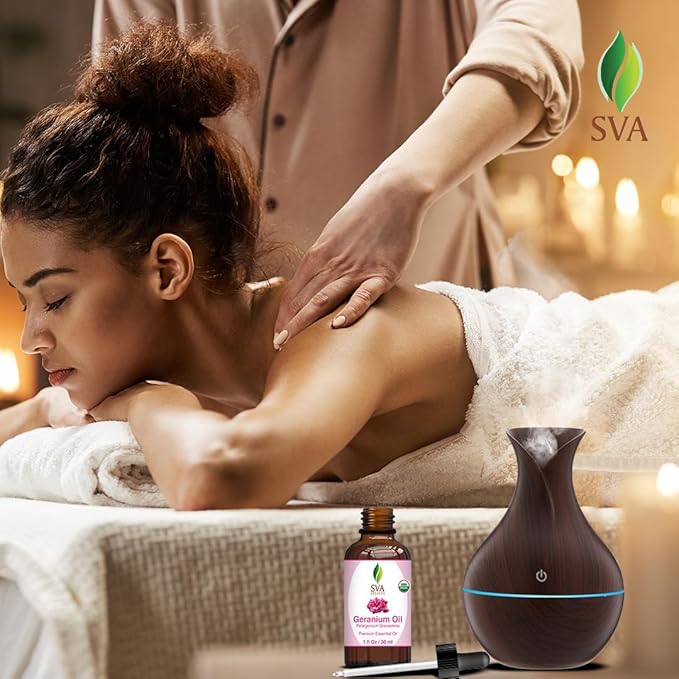 SVA Geranium Essential Oil Organic – 1 Fl Oz – 100% Natural Organic Geranium Oil - for Diffuser, Hair Care, Face, Skin Care, Aromatherapy, Scalp and Body Massage, Soap and Candle making – with Dropper
