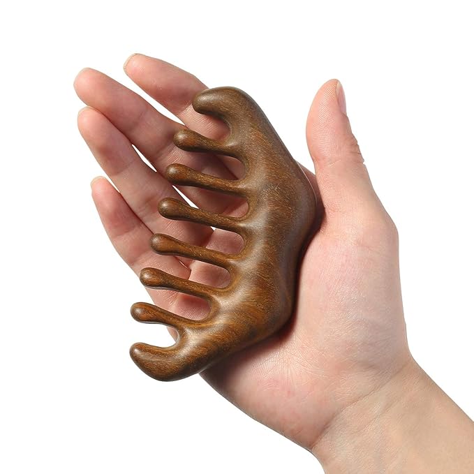 Wooden Handheld Head Massager - Wide Tooth Scalp Massage Comb for Hair Scraping