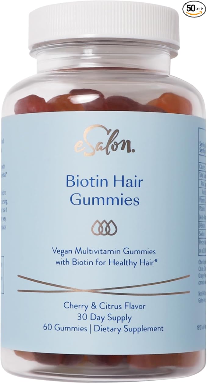 eSalon Biotin Hair Gummies, Vegan Multivitamin, Cherry & Citrus Flavor, 60 Count, 30 Day Supply