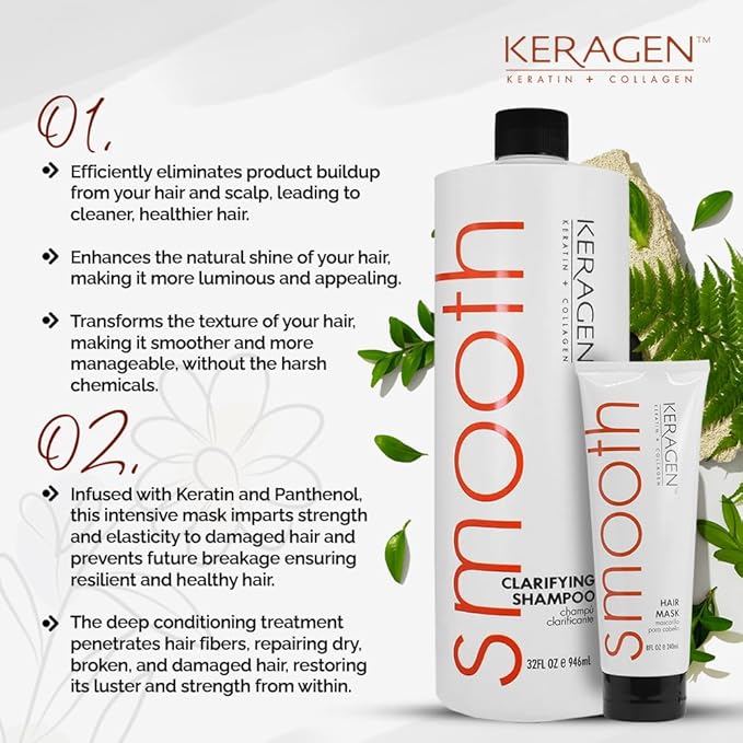 Keragen Hair Combo: Mask (8 Oz) + Clarifying Shampoo (32 oz) - Deep Conditioning, Repairs, Frizz-Free, Infused with Keratin, Panthenol, Collagen, Jojoba Oil
