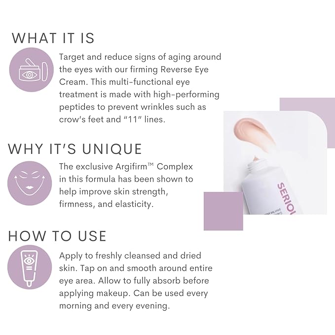 Serious Skincare - Reverse Lift Eye Cream Moisturizer with Peptides - Skin Firming Wrinkle Formula - Temporarily Lift & Firm Eye Lids and Eye Area – Women, Men - 1 Fl. Oz.