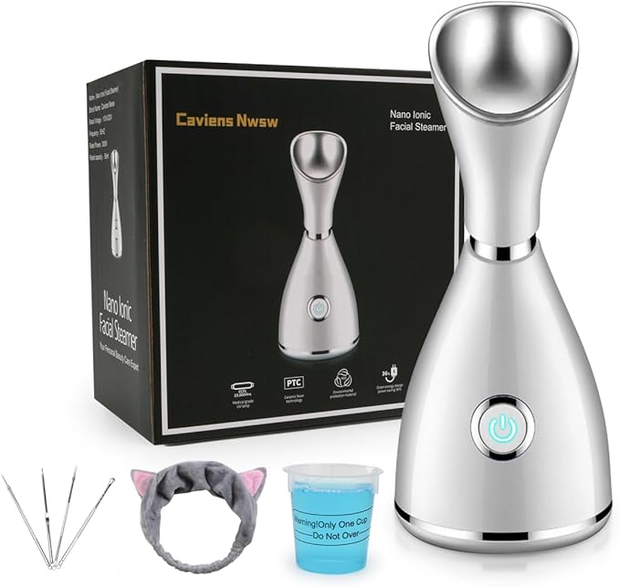 Facial Steamer-Nano Ionic Facial Steamer Warm Mist Humidifier Atomizer Sprayer Moisturizing Face Steamer Home Sauna SPA Face with 4 Piece Stainless Steel Skin Kit and Hair Band(White)