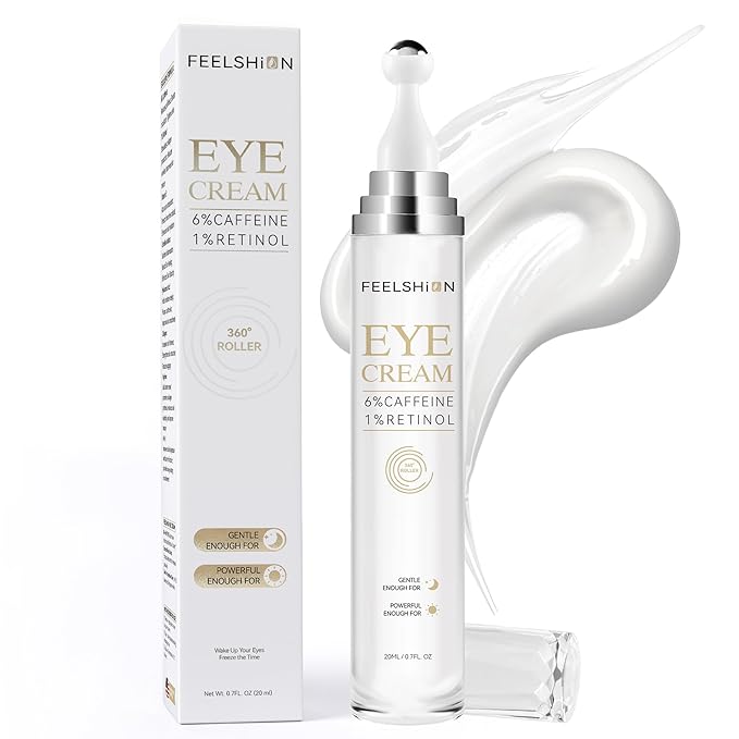 6% Caffeine + 1% Retinol Eye Cream for Dark Circles, Puffy Eyes & Bags | 360° Massage Ball for Fine Lines | Collagen & Centella | Anti-Aging Under Eye Care for Sensitive Skin Men & Women(0.7fl.oz)