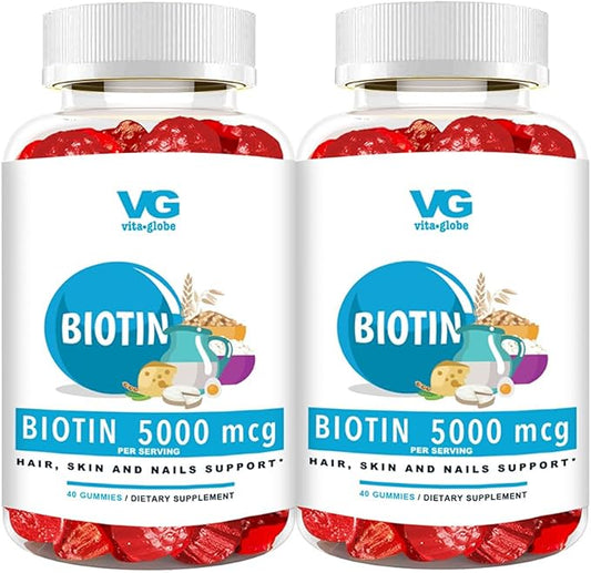 VitaGlobe Biotin 5000mcg Gummy - Mixed Berry Gummy for Hair, Skin & Nails, 80 Count (Pack of 2)
