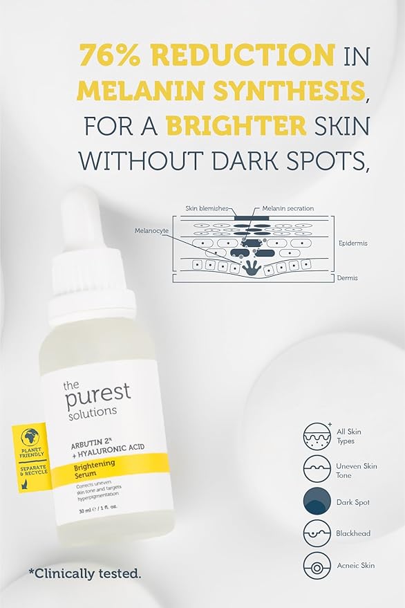 The Purest Solutions Brightening Serum (Arbutin 2% + Hyaluronic Acid) - Eliminate Skin Tone Inequalities & Support Vibrant Bright Skin - Vegan | Cruelty Free | Eco Friendly (1 fl. oz)