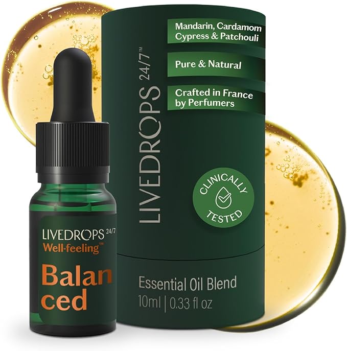 LIVEDROPS 24/7 Balanced Essential Oil Blend. Crafted in France Mandarin, Cardamon & Patchouli Pure & Natural Aromatherapy Skin Safe & Diffuser Compatible Clinically Tested