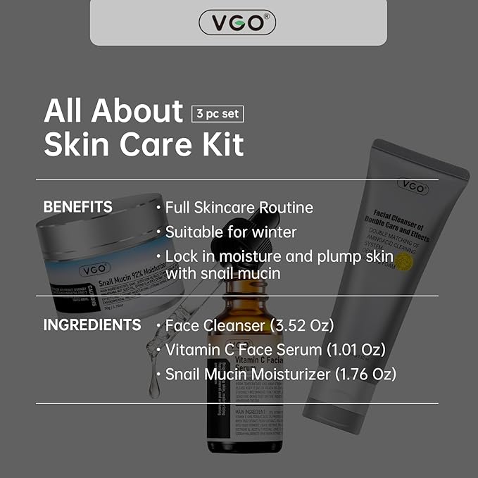 VGO Skin Care Set, with Snail Mucin 92% Moisturizer 1.76 Oz, Vitamin C Serum 1.01 Oz & Dual-Tube Facial Cleanser 3.52 Oz, 3 Step Facial Skin Care Kit