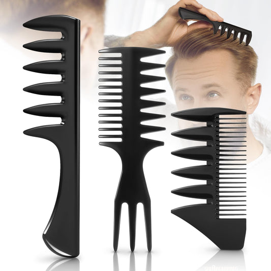 3Pcs Hair Styling Combs Set For Men - Black Barber Wide Tooth Texture Comb For Quiff, Pompadour, Slicked-back, Fauxhawk, Undercut