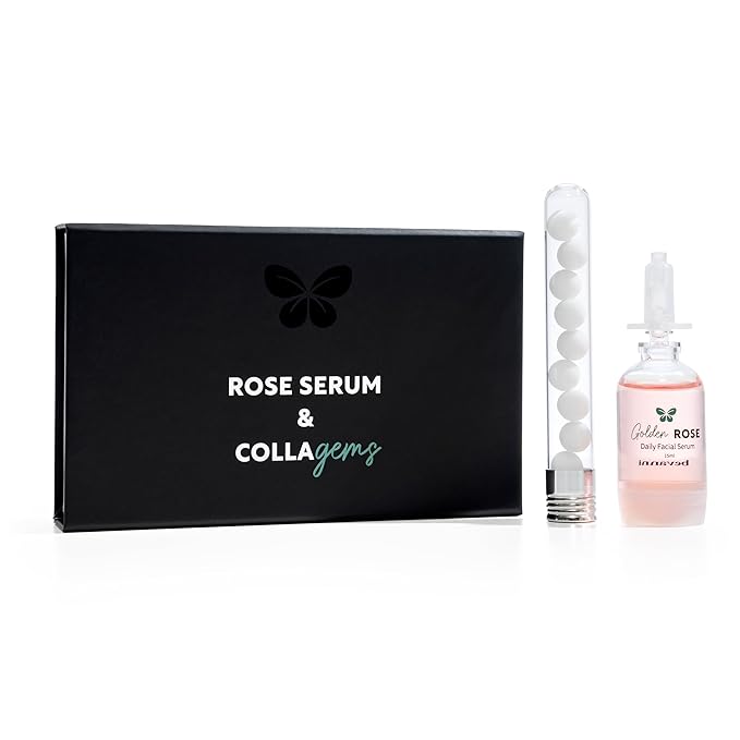 Golden ROSE Serum + CollaGEMS - Pure Rose Essential Oil with Colloidal Gold, Hyaluronic Acid & Vitamin C & Collagen Balls - Daily Face Routine for Anti-aging, Firming, Restore & Brighten Skin
