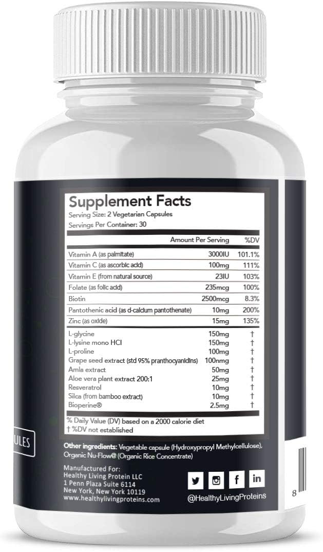 Healthy Living Proteins | Vegan Collagen Booster | Helps Support & Boost Collagen in Your System for Healthy Hair, Skin, Nails | Vegan, Vegetarian, Keto, Paleo, Gluten Free | Capsules (60 Count)