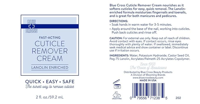 Blue Cross Cuticle Remover Cream for Dry Damaged Cuticles, Moisturizing Cuticle Softener for Nails, Professional Nail Care for Dry Manicures, Brittle Hang Nails, Made in USA, 2oz
