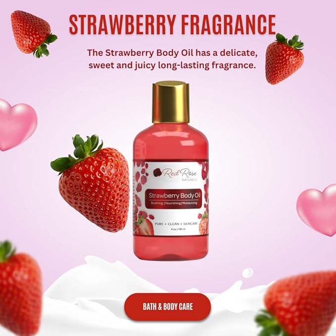 Strawberry Body Oil, Natural Body Oil For Women, Shower and Bath Perfume, Hydrating & Deep Moisturizing, Reduce Dry Skin, Long Lasting Fragrance, Vegan - 4 fl. oz