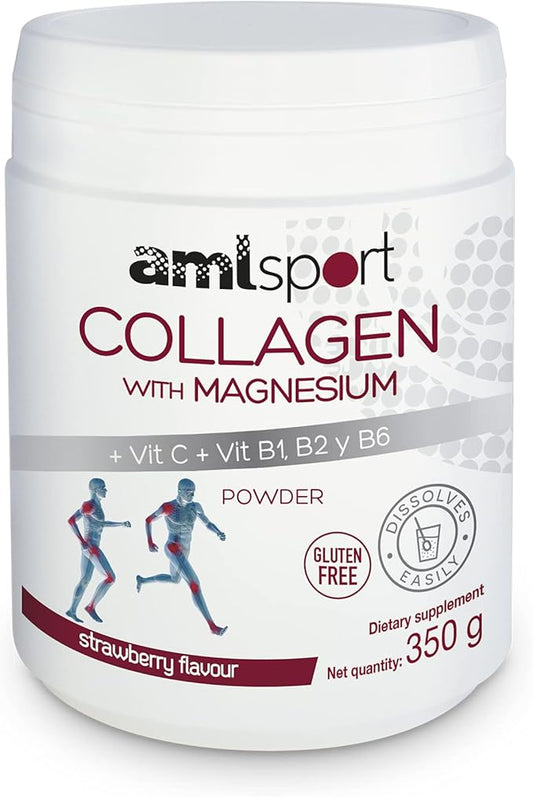 AML Sport - Collagen with Magnesium + VIT C, B1, B2 and B6 Powder - 350g (Strawberry Flavour). Tissue Regenerator with Type 1 &2 Collagen. Gluten Free. Sugar Free