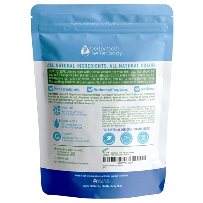 Runner's Bath Salt 32 Ounces Epsom Salt with Natural Peppermint, Frankincense, Lemon, Cypress, Tea Tree and Lemongrass Essential Oils Plus Vitamin C in BPA Free Pouch with Easy Press-Lock Seal