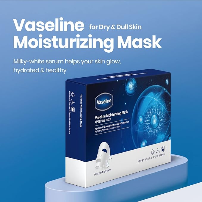 Vaseline Moisturizing Face Facial Mask Sheet Skin Care Essence, HYDRATION RETENTION, SKIN BARRIER REINFORCEMENT [Made in Korea] 10 Count