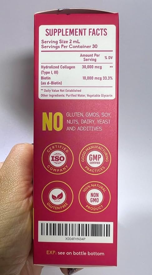 Liquid Collagen & Biotin, 2 Fl Oz (Pack of 2), 40000 mcg for Hair Skin Nails, Vitamin B7 Hydrolized Collagen Peptides Supplement for Women, Bioactive Form, Sugar Free, Raspberry Flavor