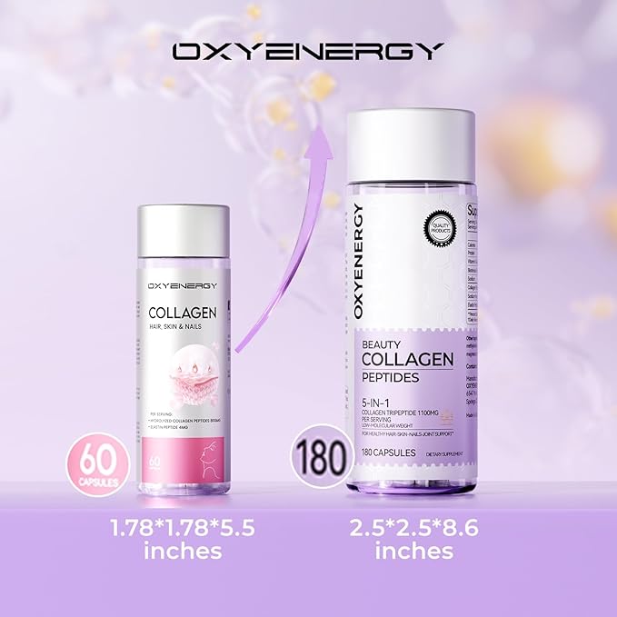 OxyEnergy Collagen Peptides Capsules for Women, 1100mg Hydrolyzed Collagen Tripeptides(Types I) Supplements with Biotin and Vitamin C, 180 Collagen Pills to Promotes Hair, Nail, Skin, 2 Months Supply