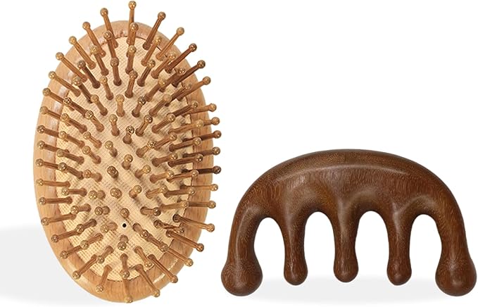 2Pcs Bamboo Scalp Massager Hair Growth, Anti-Static Wooden Brush