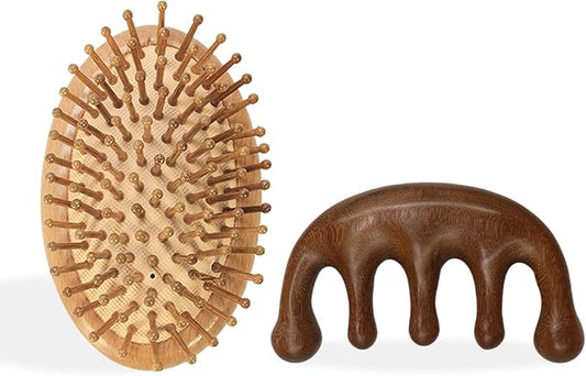 2Pcs Bamboo Scalp Massager Hair Growth, Anti-Static Wooden Brush