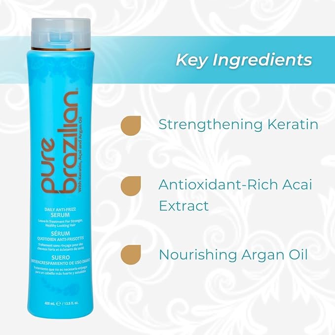 Pure Brazilian Anti-Frizz Daily Leave-In Serum, Strengthening Hair Treatment, Fortifies & Protects Hair From Heat & UVA/UVB, Pack of 2, 13.5 Ounce (400 Milliliter)