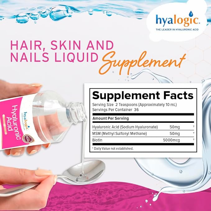 Hyalogic Liquid Hyaluronic Acid Supplement - Support for Healthy Hair, Skin and Nails with 5,000 mcg Biotin and 50mg MSM - Natural Hydration for the Whole Body - High Molecular Weight Formula - 12 oz