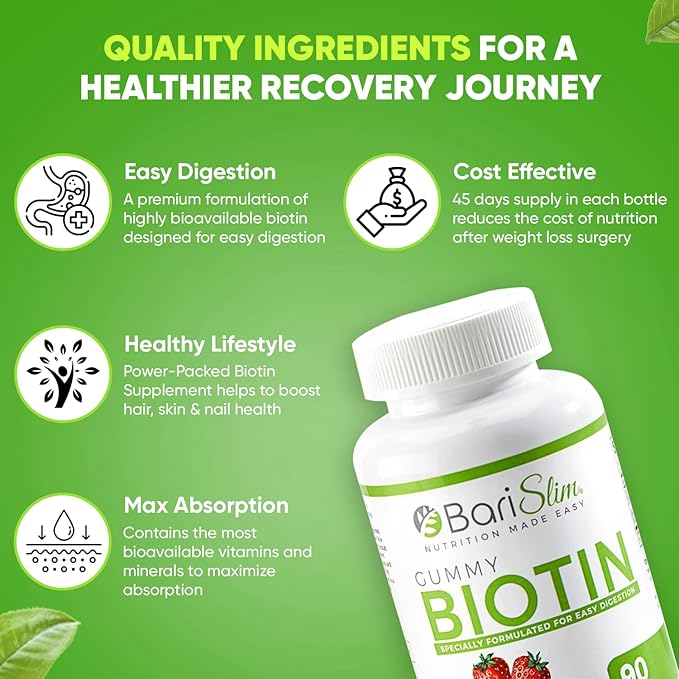 BariSlim Bariatric Vitamin Biotin Gummies - Specially Formulated Gummy Vitamin for Patients After Weight Loss Surgery - Easy to Digest and Great Tasting Fruit Flavors | 90 Fruit Chews