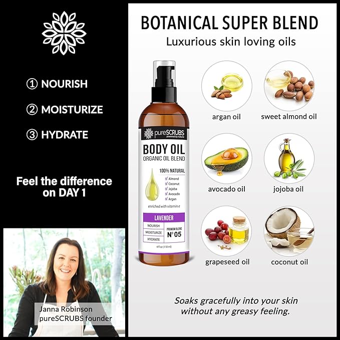 pureSCRUBS Ultra Moisturizing Lavender Body Oil Spray for Dry Skin, Massage, Cuticles & More, Organic Blend of Jojoba, Argan, Coconut, Sweet Almond & Avocado Oils Enriched with Vitamin E, Lg 4oz