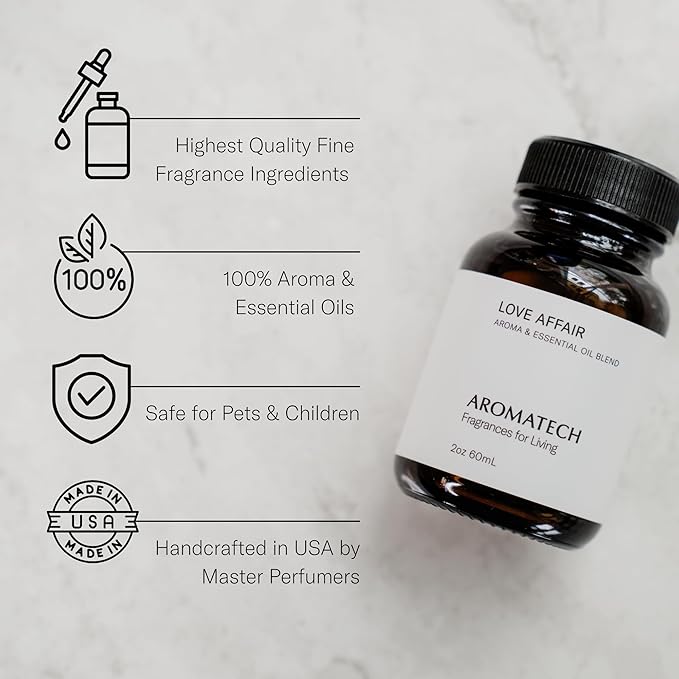 AromaTech Love Affair Aroma Essential Oil Blend: Luxury Hotel Inspired Aromatherapy with Jasmine, Saffron, Cedar & Amber for Ultrasonic Diffusers & Nebulizers - 2 fl oz, 60 mL