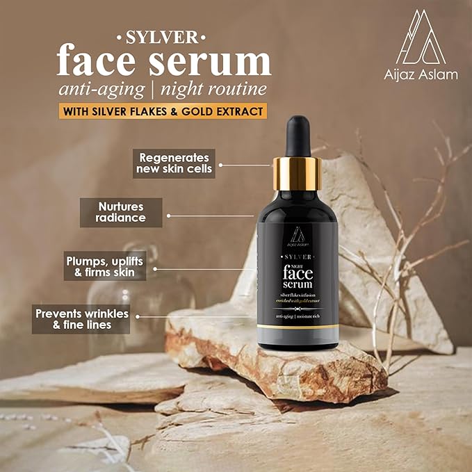AIJAZ ASLAM Sylver Night Face Serum – 30ml (1.01 fl Oz) – Enhanced with Silver Flakes & Gold Extracts - Anti-Aging - Maintains Healthy Skin – Deeply Nourishes – Best for all Skin Types