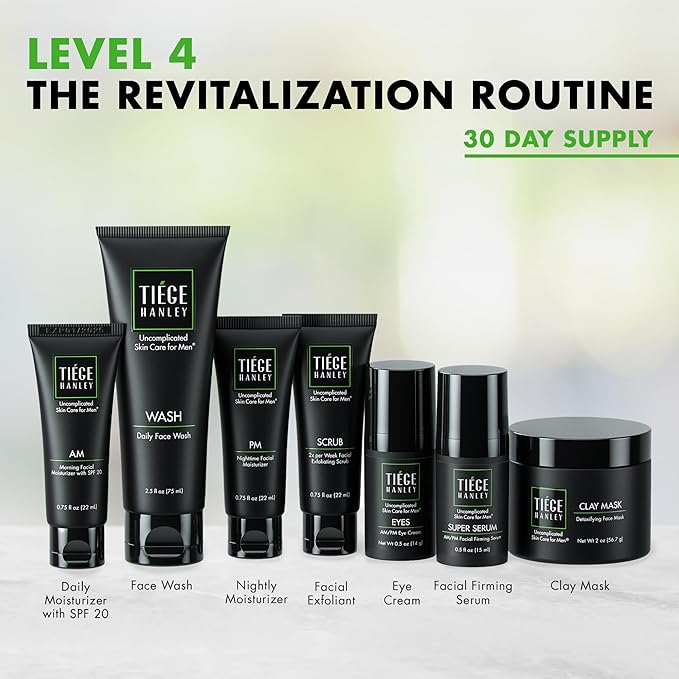 Tiege Hanley Men’s Skin Care Set, Revitalization Routine (System Level 4) – Face Wash, Scrub, Moisturizer, Eye Cream, Serum & Clay Mask for Tired, Dull Skin & Rejuvenation