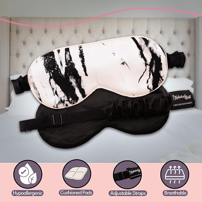 Celestial Silk Mulberry Silk Sleep Eye Mask with Adjustable Elastic Strap (Normal - Adjustable, White Marble)