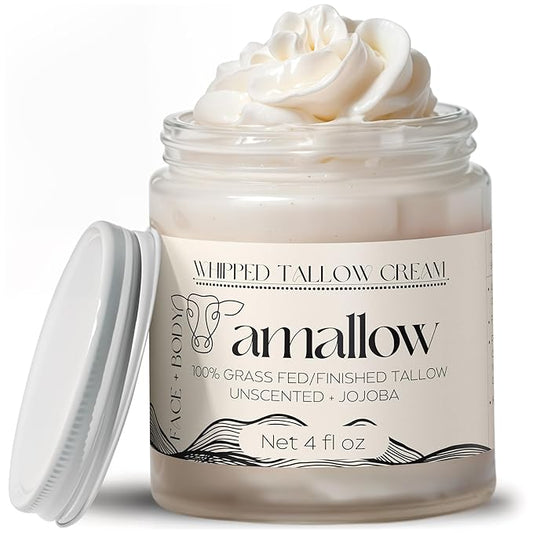 100% Grass Fed Beef Tallow for Skin Care - Face + Body - Whipped Moisturizer for Sensitive Skin - Natural Lotion, 4 FL. oz. (Unscented + Jojoba Oil)