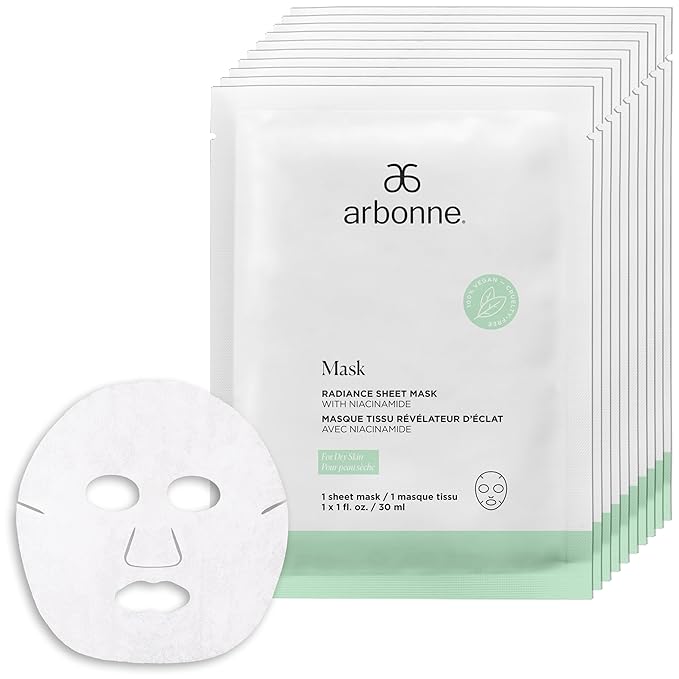 Arbonne Radiance Face Sheet Mask - Sheet Face Mask with Niacinamide for Dry and Dull Skin, Enhance Brightness, Tone, Smooth and Hydrate Skin - 10 Pack