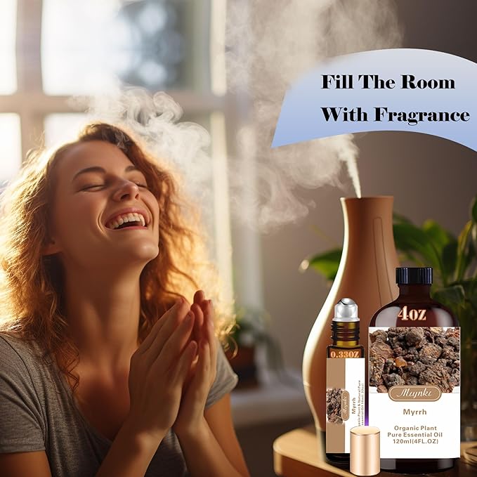 4 Fl Oz/120 ml Myrrh Essential Oil, Send Gift Roll-on (10 ml) - 100% Natural, Aromatherapy, Diffuser, Massage, Yoga, DIY Soap and Candle Making, Fragrance Oils, Spa Skin Care