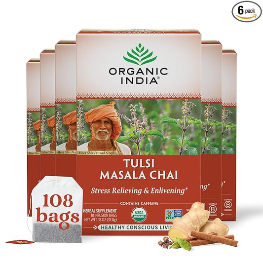 Organic India Tulsi Masala Chai Tea Bags - Holy Basil, Black Tea, Spices with Ginger, Stress Relieving, Immune Support, USDA Certified Organic, Antioxidant, Caffeinated - 18 Infusion Bags, 6 Pack