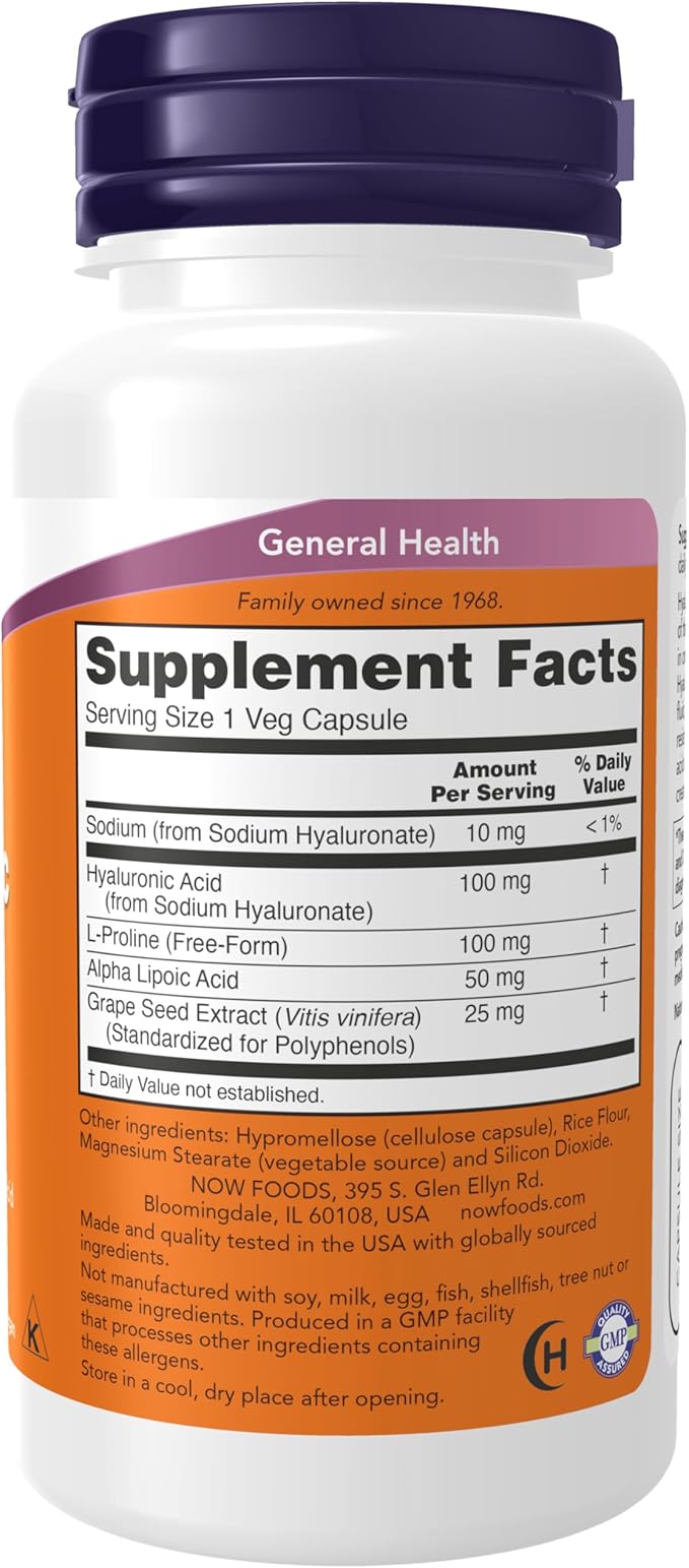 NOW Foods Supplements, Hyaluronic Acid 100 mg, Double Strength with L-Proline, Alpha Lipoic Acid and Grape Seed Extract, 60 Veg Capsules