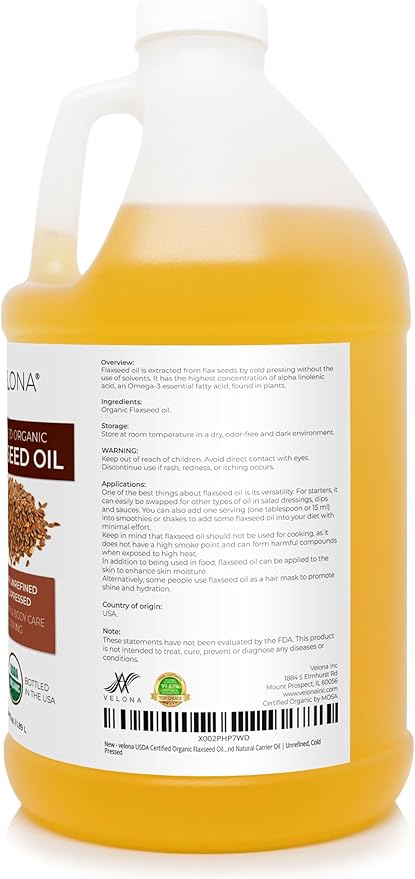 velona USDA Certified Organic Flaxseed Oil - 64 Fl Oz | 100% Pure and Natural Carrier Oil | Unrefined, Cold Pressed |Body, Face & Skin Care | Use Today - Enjoy Results…
