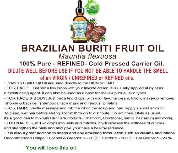 Botanical Beauty Brazilian BURITI FRUIT OIL 100% Pure Natural Refined Cold Pressed Carrier Oil Undiluted 1 fl.oz- 30 ml for Face, Skin, Body, Hair, Nails