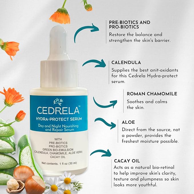 Cedrela Hydra-protect serum Day Night Nourishing Repair Prebiotics Probiotics Bioemulsion Calendula Chamomile Aloe Vera Cacay Oil Vegan All-natural 1 fl oz Suero hidratante probioticos