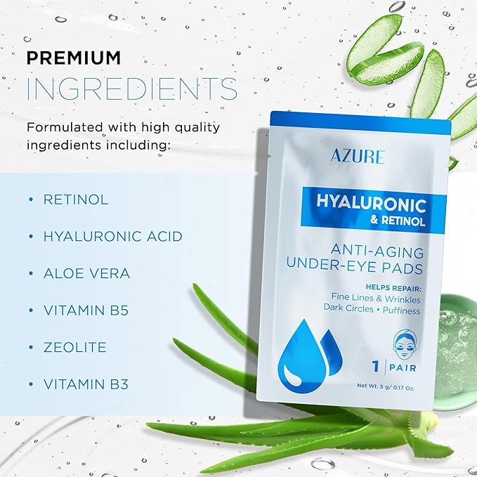 AZURE Hyaluronic & Retinol Anti Aging Under Eye Pads- Moisturizing & Rejuvenating Eye Mask Patches - Reduces Fine Lines, Wrinkles, Dark Circles & Puffiness - Skin Care Made in Korea - 10 Pairs