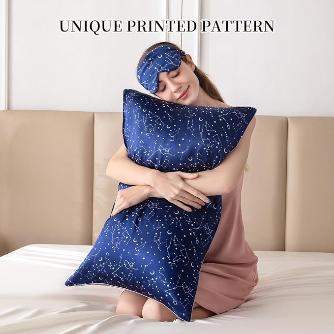 THXSILK Sleep Mask 100% 19 Momme Pure Mulberry Silk Super Smooth Cooling Decorative Sleep Eye Mask Blackout Eye Cover with Wide Head Strap, Constellation-Navy