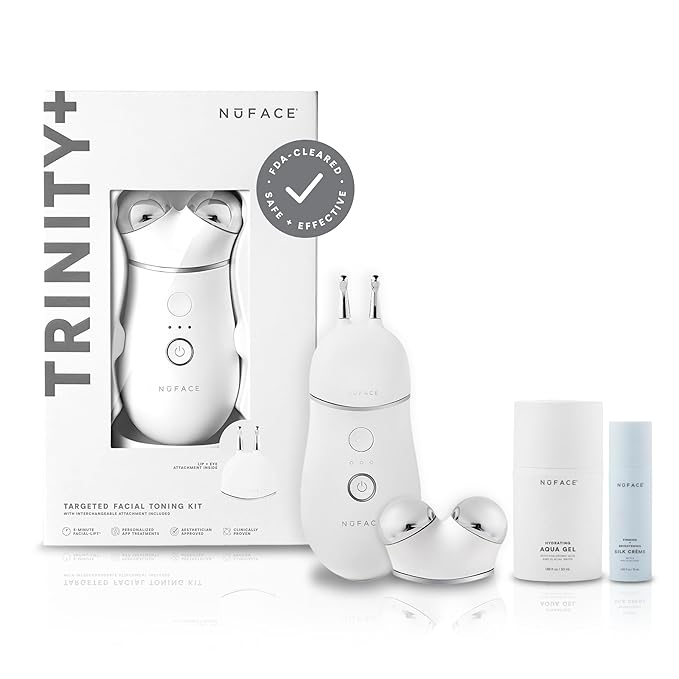 NuFACE TRINITY+ Microcurrent Facial Device + Effective Lip & Eye Attachment - FDA Cleared Skin Tightening & Face Toning Device for Targeted Treatment + Microcurrent Gel Activator, Silk Crème & Brush
