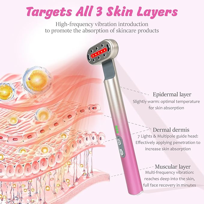 Red Light Therapy Wand for Face and Neck,7 Colors LED 3 Strength Vibration Face Lift Device for Eyes Wrinkles Skin Care Massage Tools-Pink Gradient