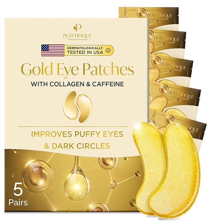 PLANTIFIQUE Gold Eye Patches for Puffy Eyes and Dark Circles 5 Pairs Under Eye Masks for Dark Circles and Puffiness Eye Gels with Collagen & Caffeine Eye Patches Gold Eye Mask Skincare