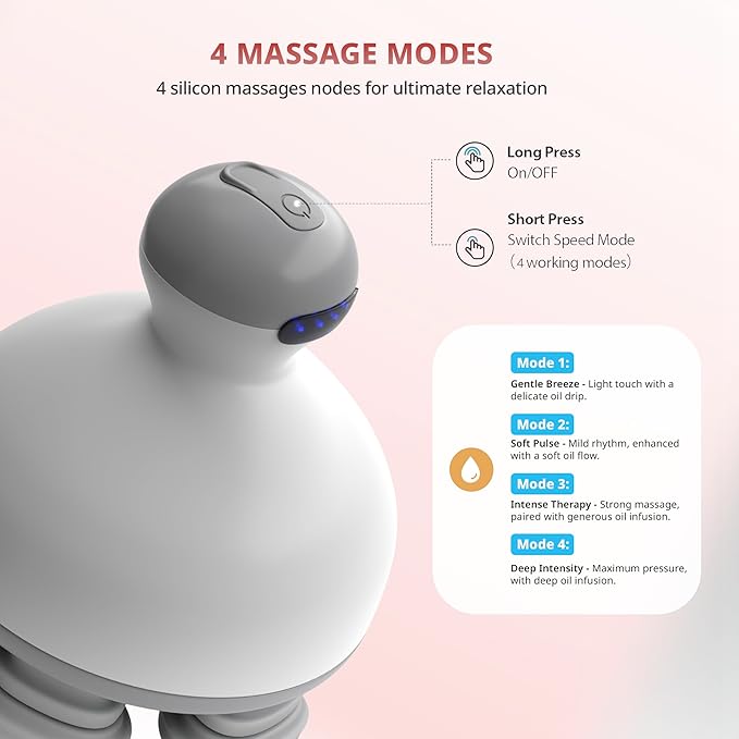 Electric Scalp Massager | 4-Mode Oil-Infused Head Massager with Oil Compartment | Promotes Hair Growth & Scalp Health | Removable Food Grade Silicone Heads