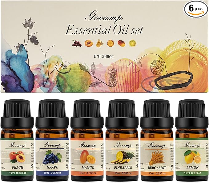 Essential Oils Set-Top 6 Organic Blends for Diffusers, Candle Making, Aromatherapy, Humidifiers, Gifts - Grape,Lemon,Mango,Bergamot,Plneapple,Peach(6X10ML)